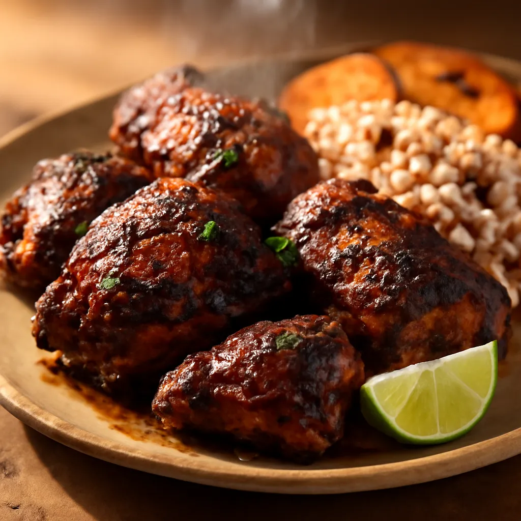 Grilled Jamaican jerk chicken pieces with charred sticky skin, thyme, lime wedge, rice and peas and fried plantain.