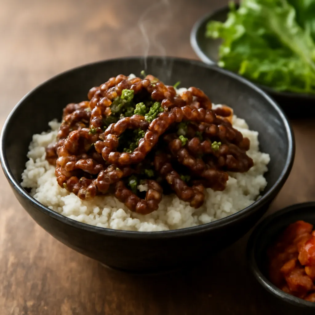 Caramelised Korean bulgogi beef over white rice, topped with sesame seeds and spring onion, with kimchi alongside.