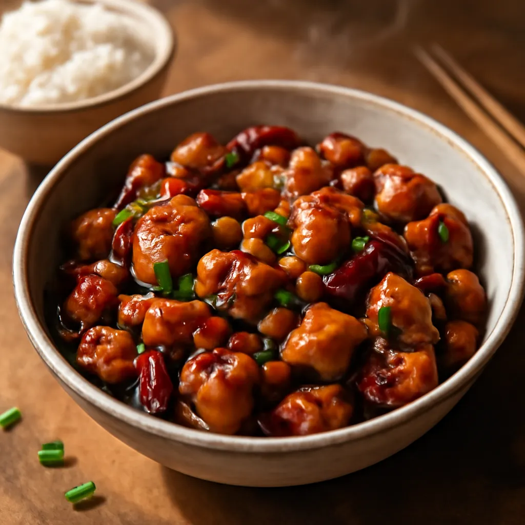 Bowl of Kung Pao chicken with peanuts, dried red chillies and spring onions in a glossy dark sauce
