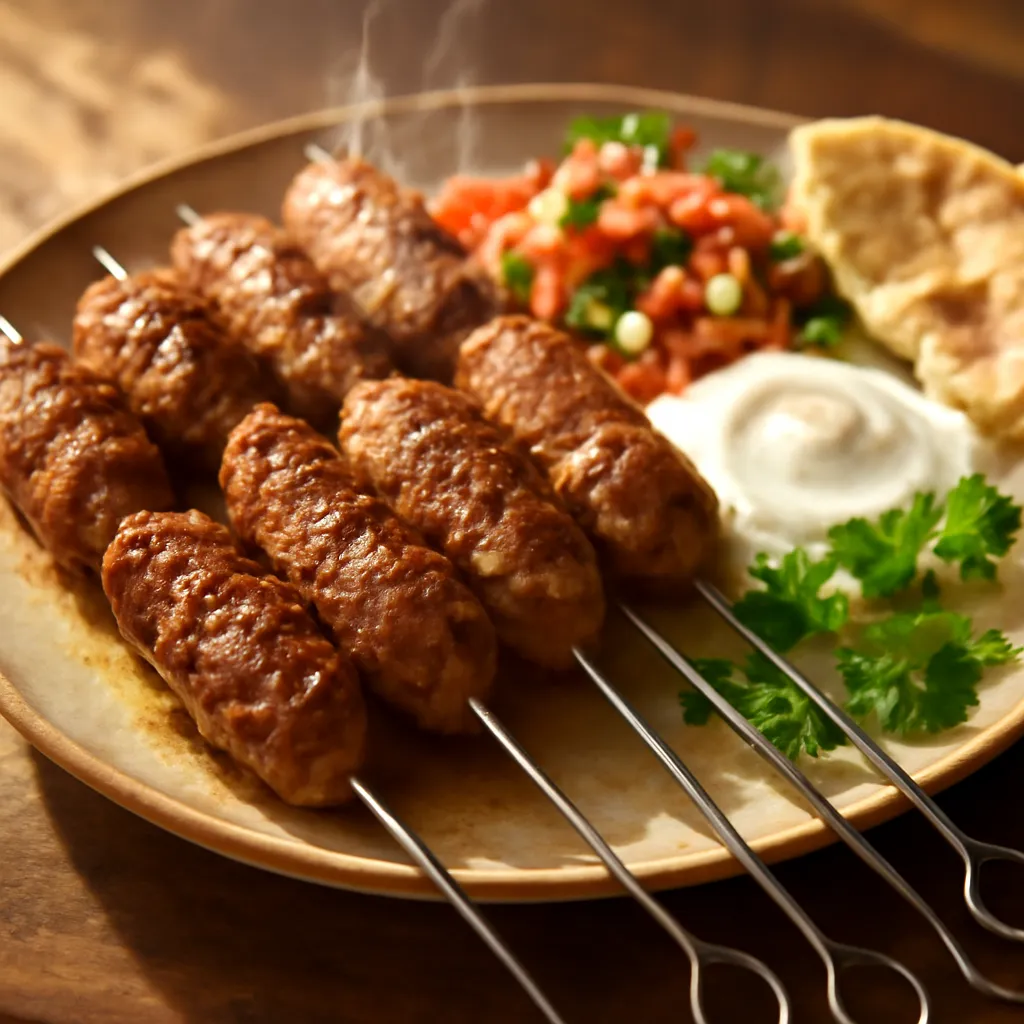 Grilled lamb koftas on skewers with minty yoghurt, fresh salad and warm flatbread on a rustic plate