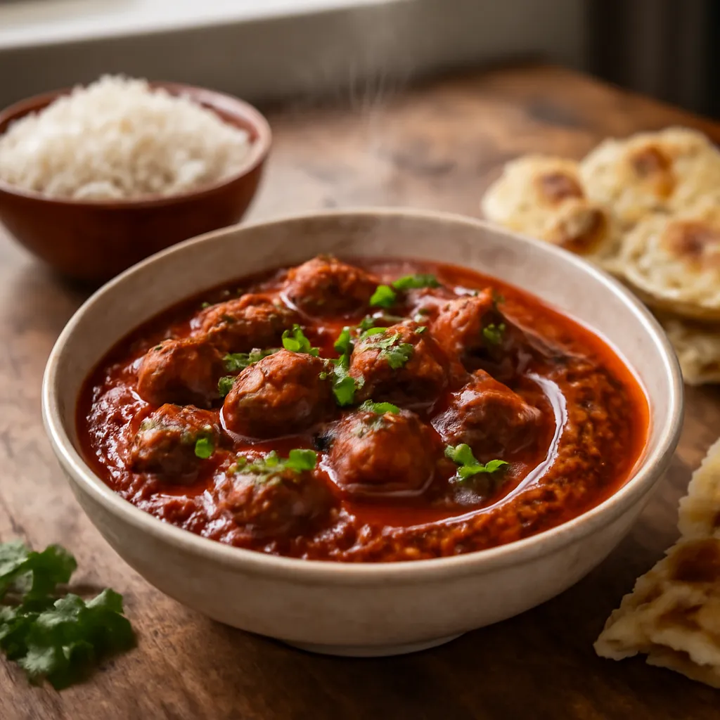Bowl of tender lamb rogan josh in rich red spiced sauce, topped with fresh coriander, with rice and naan alongside.