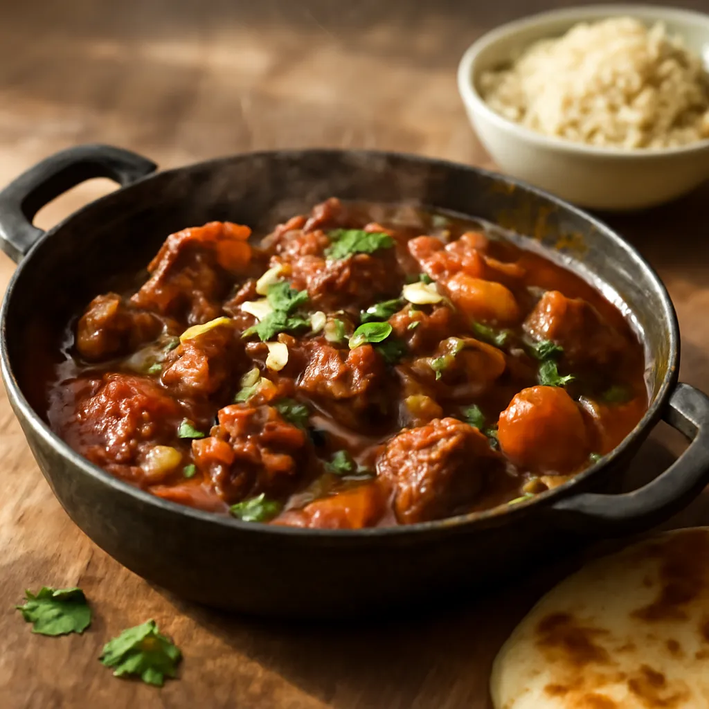 Rich lamb tagine with apricots in a cast-iron pot, topped with flaked almonds and fresh coriander