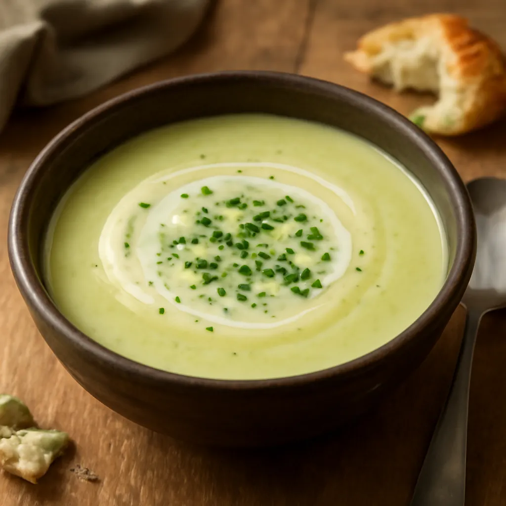 Bowl of creamy leek and potato soup swirled with cream and topped with snipped chives, served with crusty bread.