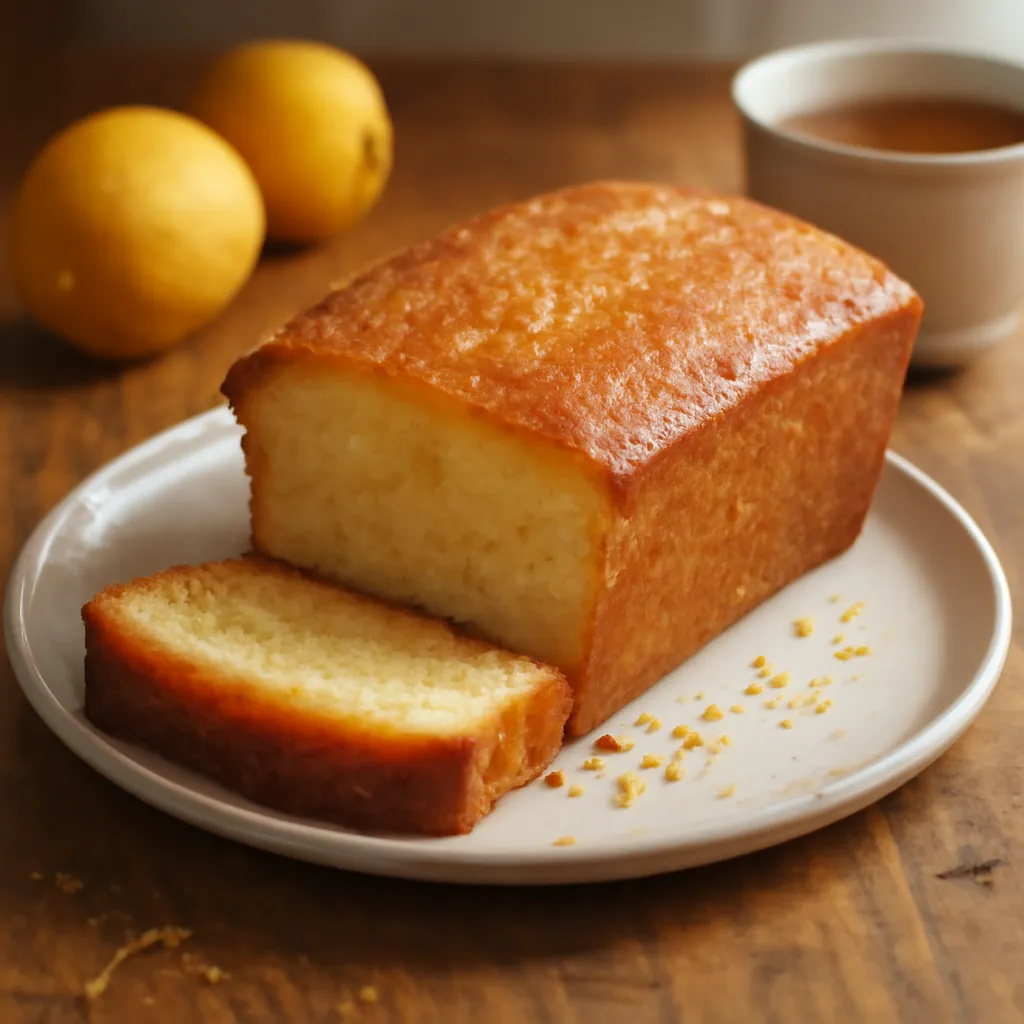 Golden lemon drizzle loaf with a crackly sugar top, one moist slice cut and set on a pale plate beside fresh lemons