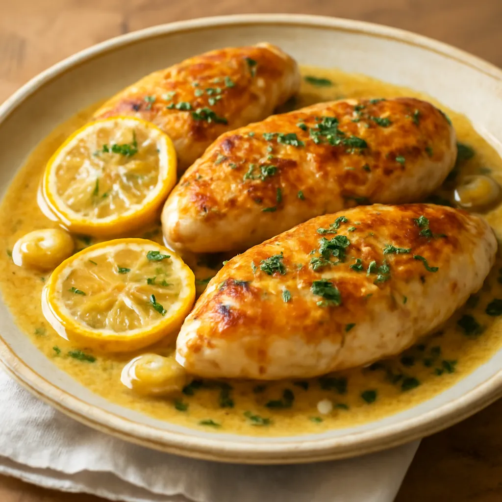 Golden lemon garlic chicken breasts in a glossy butter sauce, scattered with parsley on a cream plate.