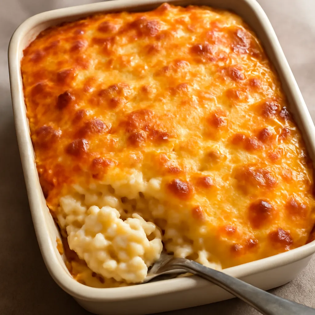 Baked mac and cheese with a golden crust, a portion scooped out showing creamy pasta