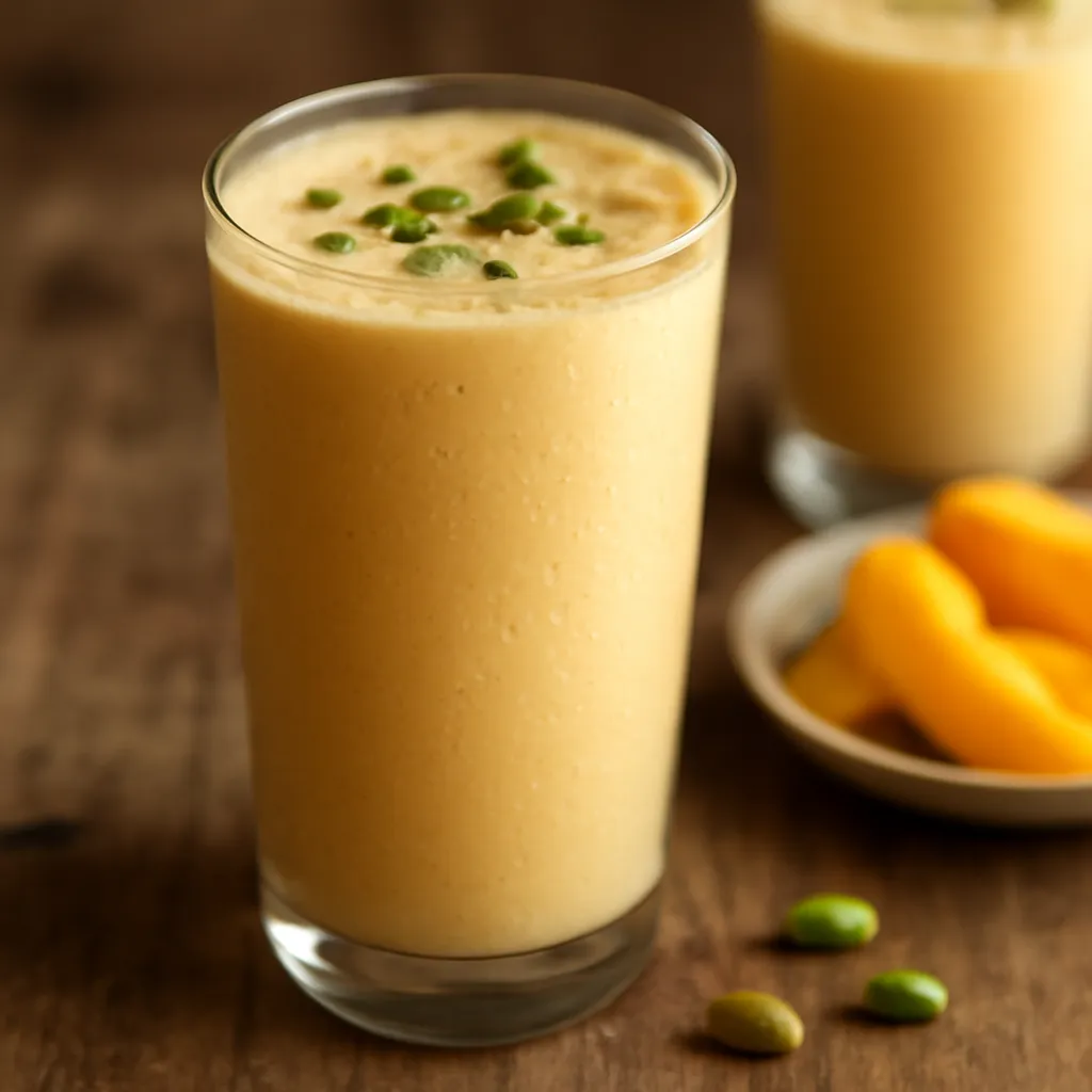 Tall glass of thick golden mango lassi topped with chopped pistachios and cardamom, beside ripe mango slices.