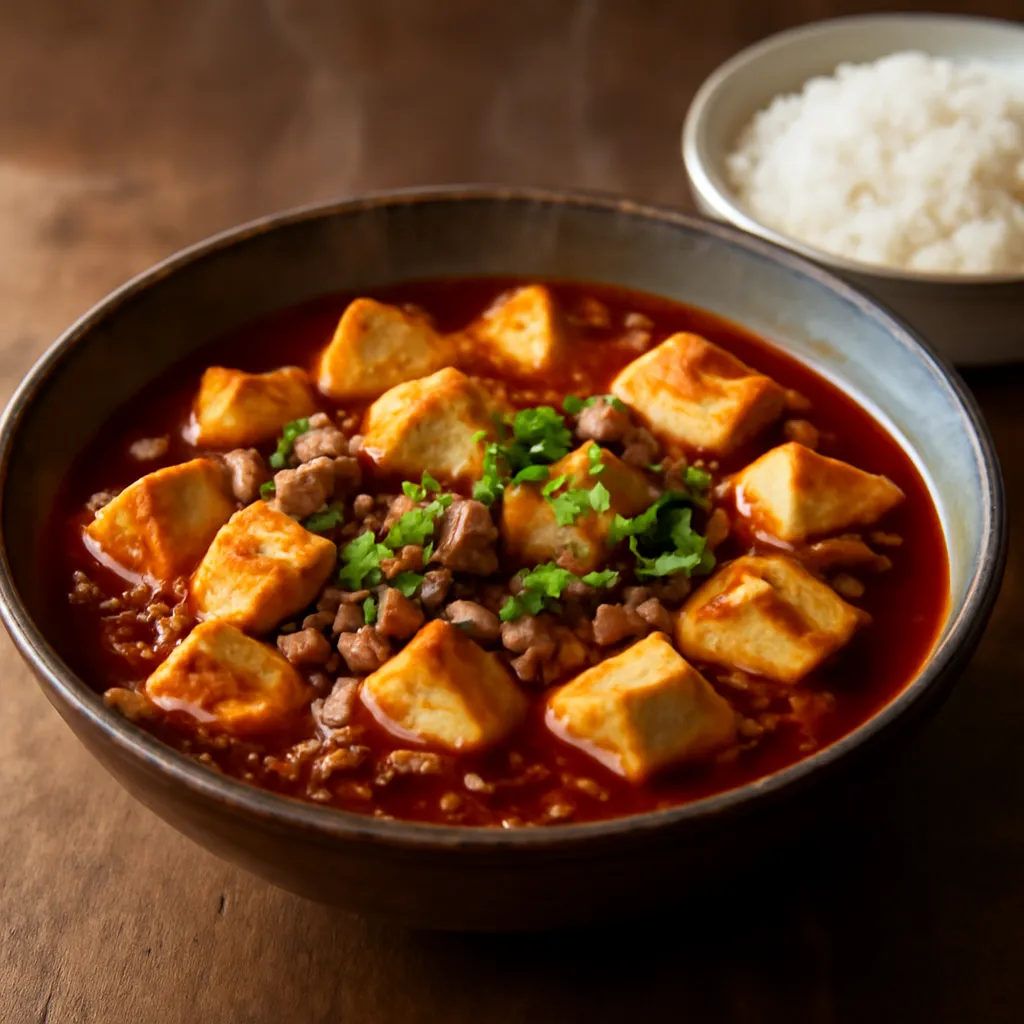 Bowl of Sichuan mapo tofu with soft tofu cubes in red chilli sauce, topped with spring onion and Sichuan pepper