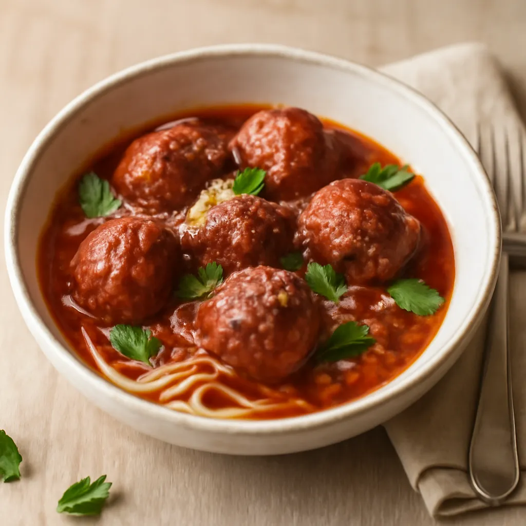 Beef meatballs in rich tomato sauce topped with fresh basil and grated Parmesan in a white bowl