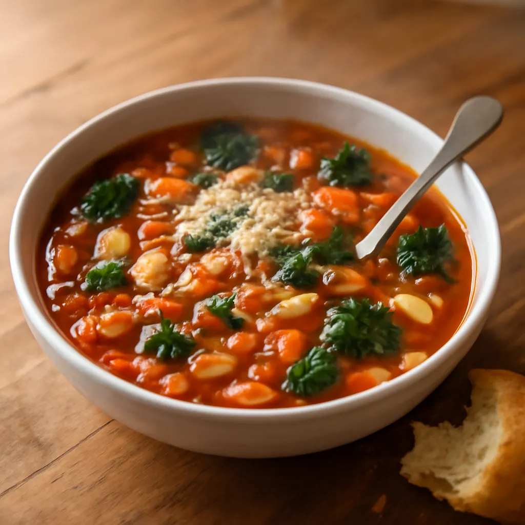 Bowl of thick tomato-red minestrone soup with beans, vegetables, pasta and kale, topped with grated cheese and crusty bread alongside.
