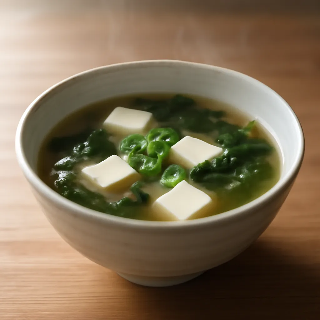 Bowl of Japanese miso soup with silken tofu cubes, wakame seaweed and sliced spring onions in golden dashi broth