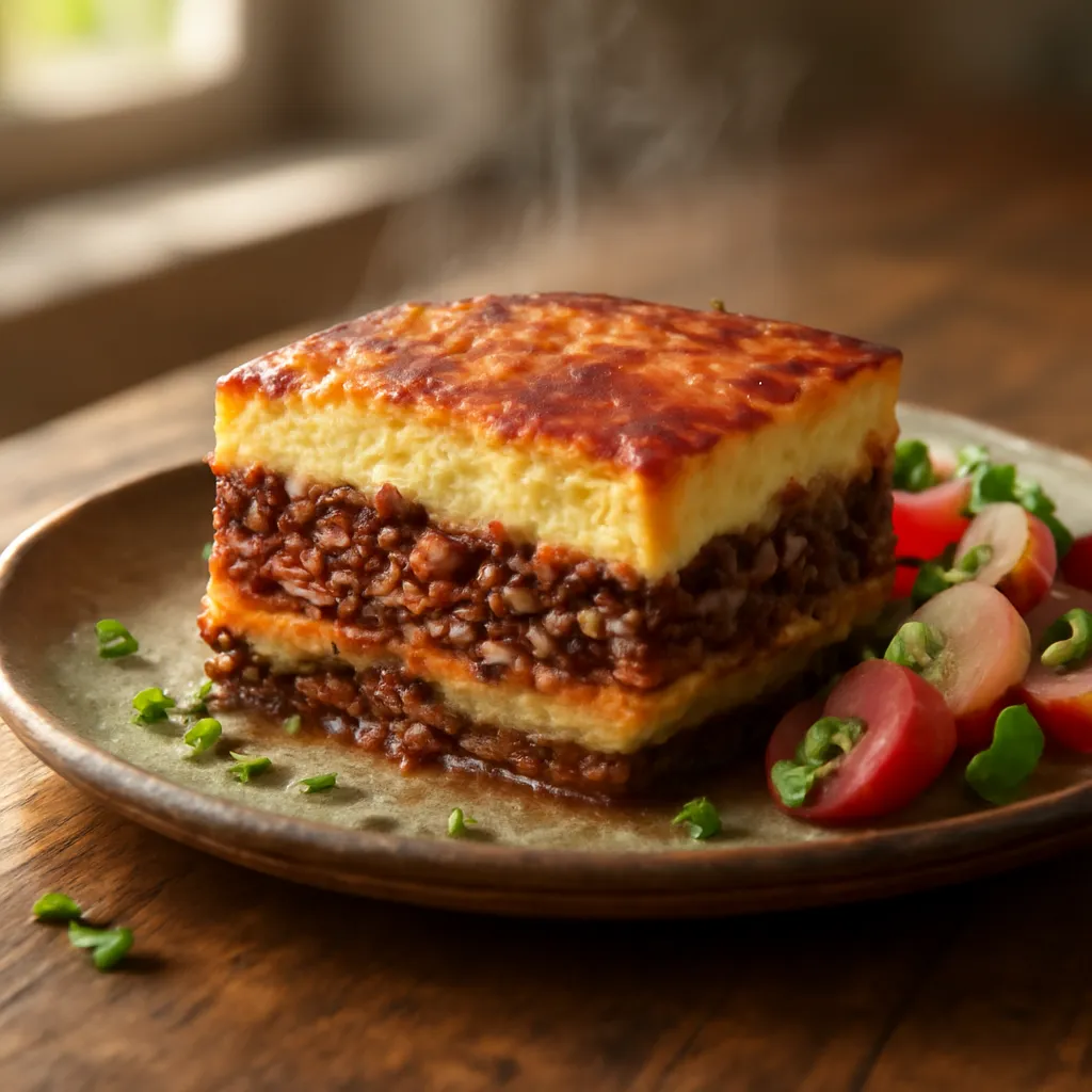 A square slice of Greek moussaka showing layers of aubergine and lamb under golden bechamel on a rustic plate