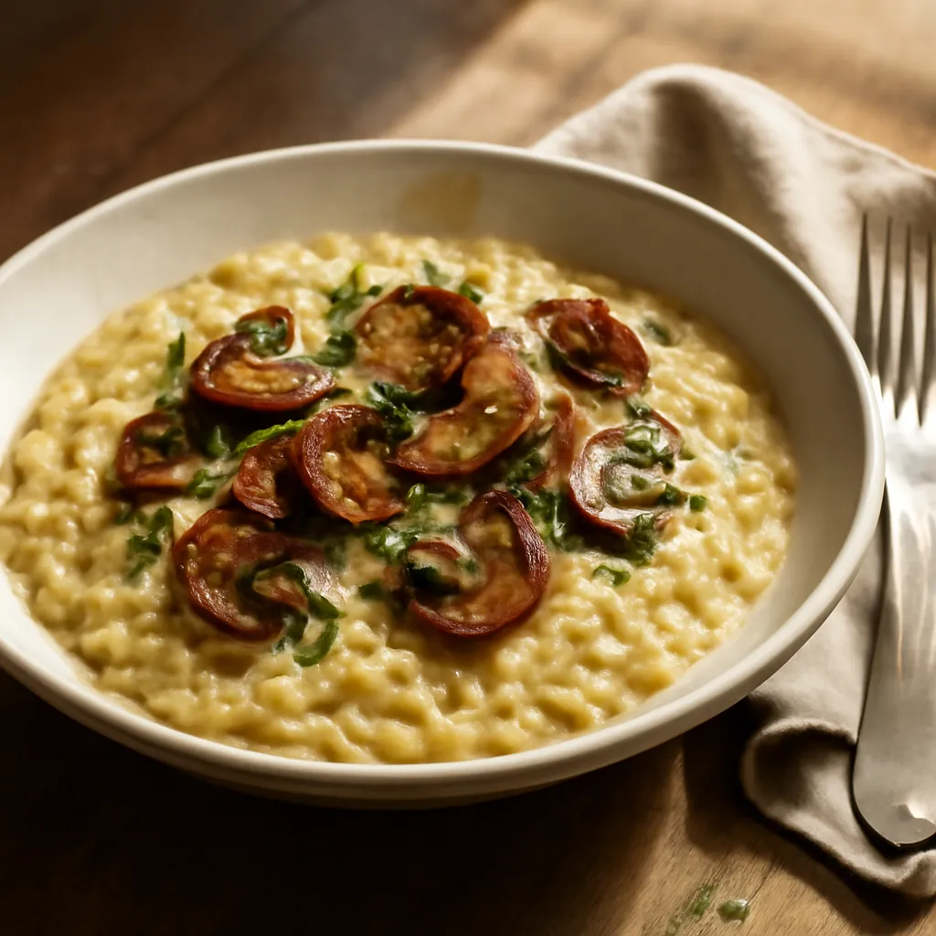 Bowl of creamy mushroom risotto topped with golden mushrooms, parsley and shaved Parmesan