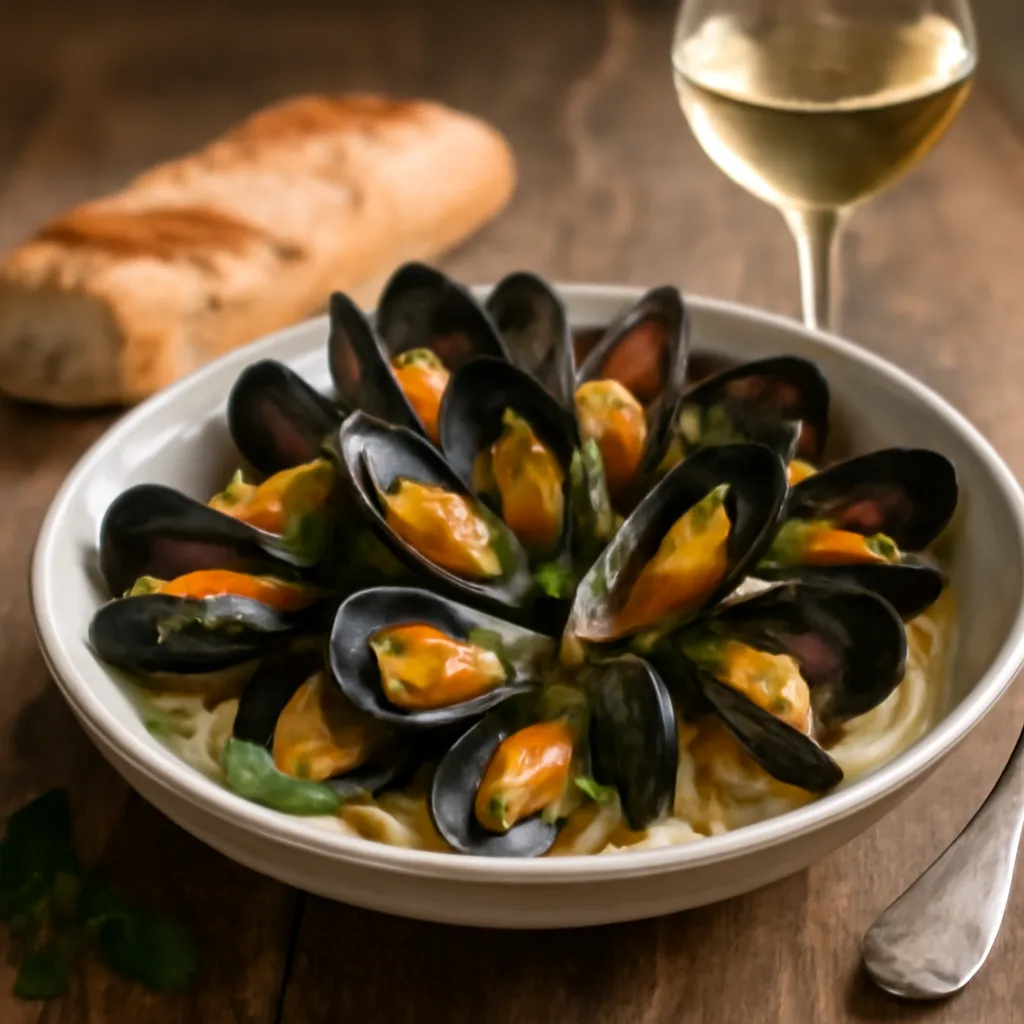 Bowl of open mussels in a golden white wine and parsley broth with crusty bread alongside
