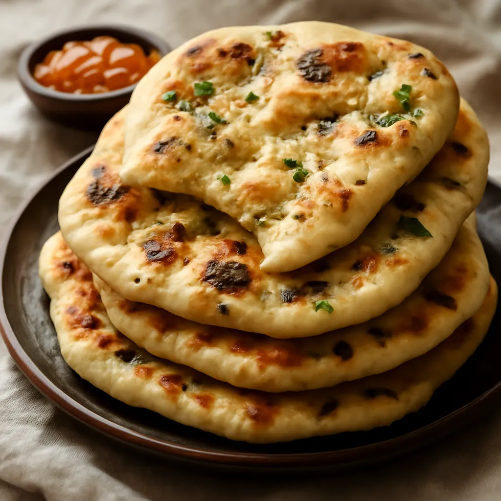 Stack of homemade naan breads with char blisters, garlic butter, coriander and nigella seeds on a dark plate