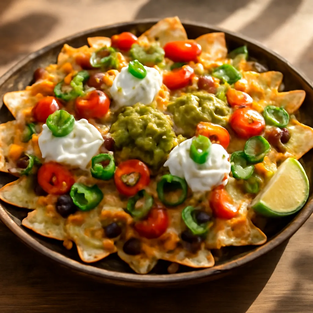 Loaded Tex-Mex nachos with melted cheese, black beans, jalapenos, soured cream, avocado and coriander on a platter