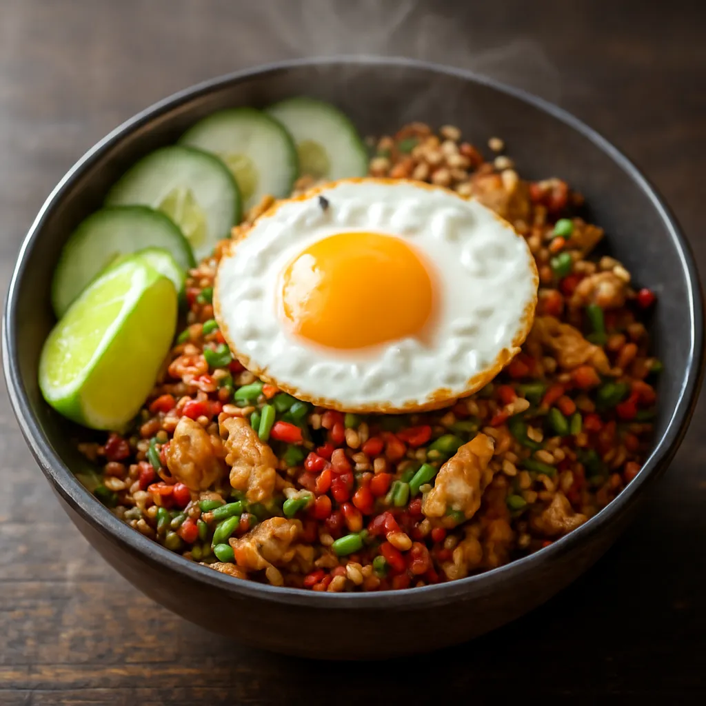 Bowl of chicken nasi goreng topped with a crispy fried egg, spring onions, cucumber and a lime wedge