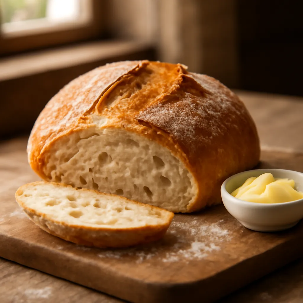 Round crusty no-knead loaf on a wooden board with one slice cut, showing an open airy crumb and butter