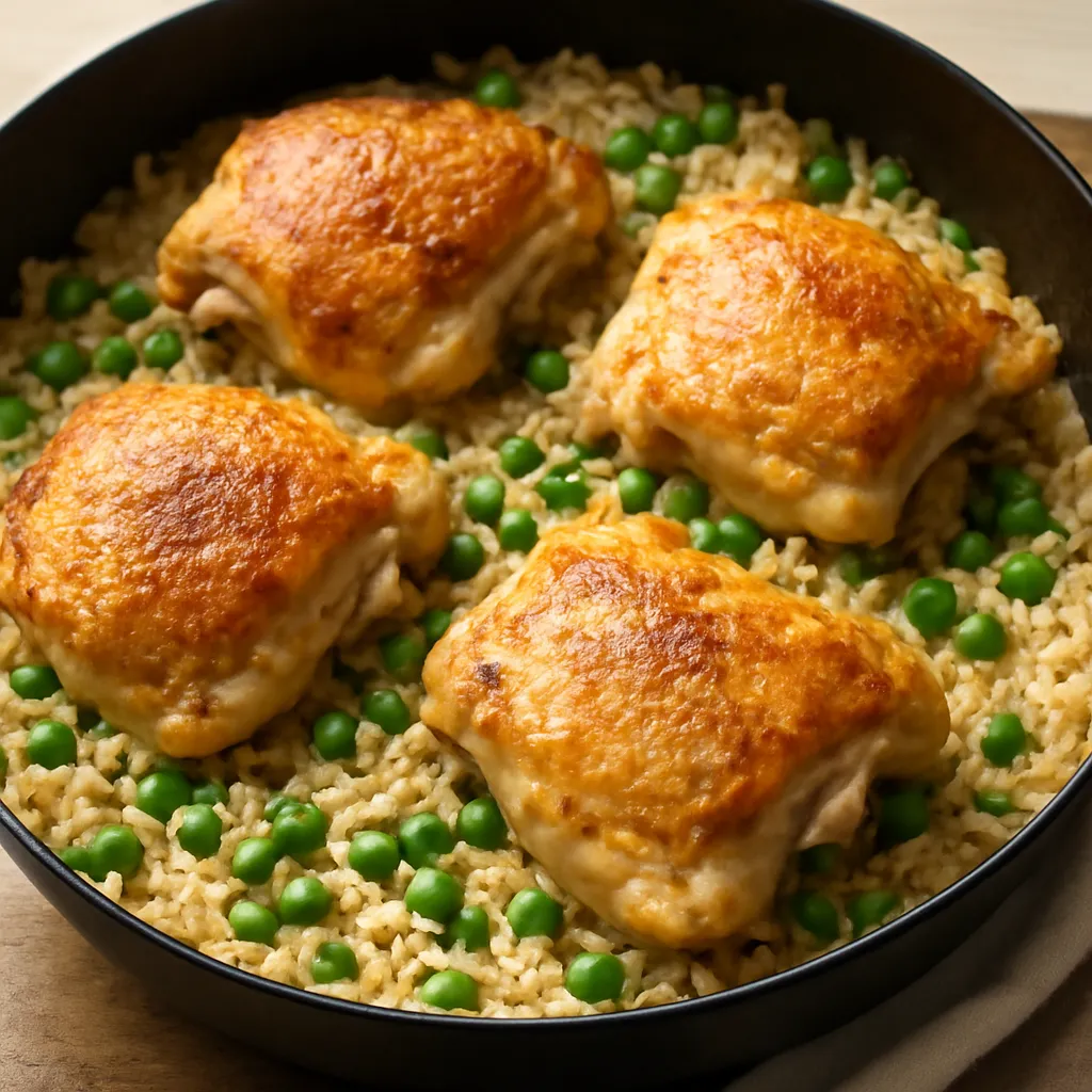 One-pot chicken and rice with golden chicken thighs on a bed of rice in a pan
