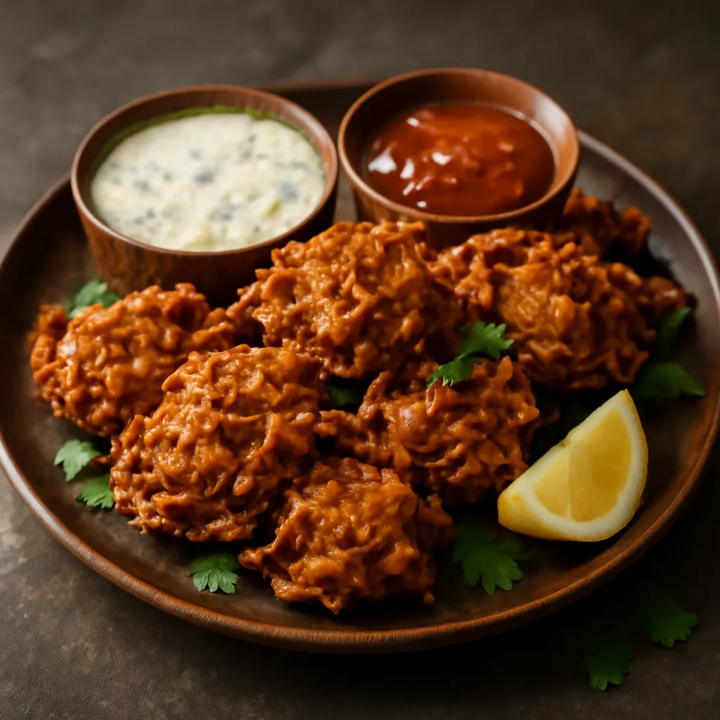 Plate of crisp golden onion bhajis with mint yoghurt, mango chutney and a lemon wedge