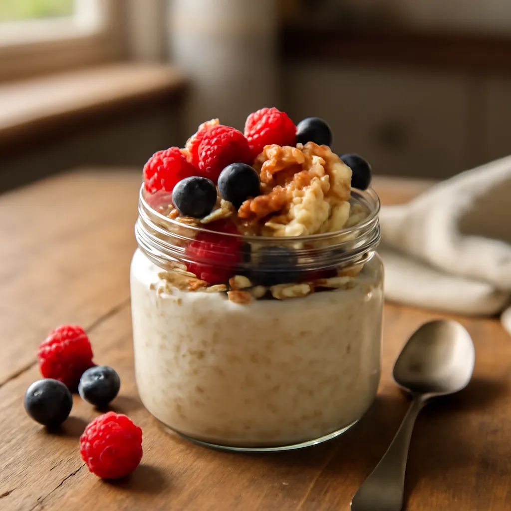 Glass jar of creamy overnight oats topped with berries, banana and chopped nuts on a wooden table