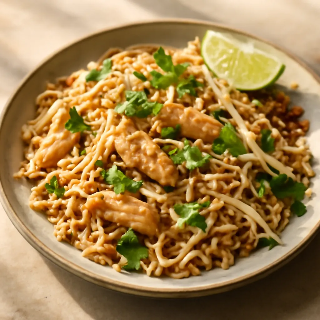 Plate of chicken pad Thai with rice noodles, peanuts, coriander and a lime wedge