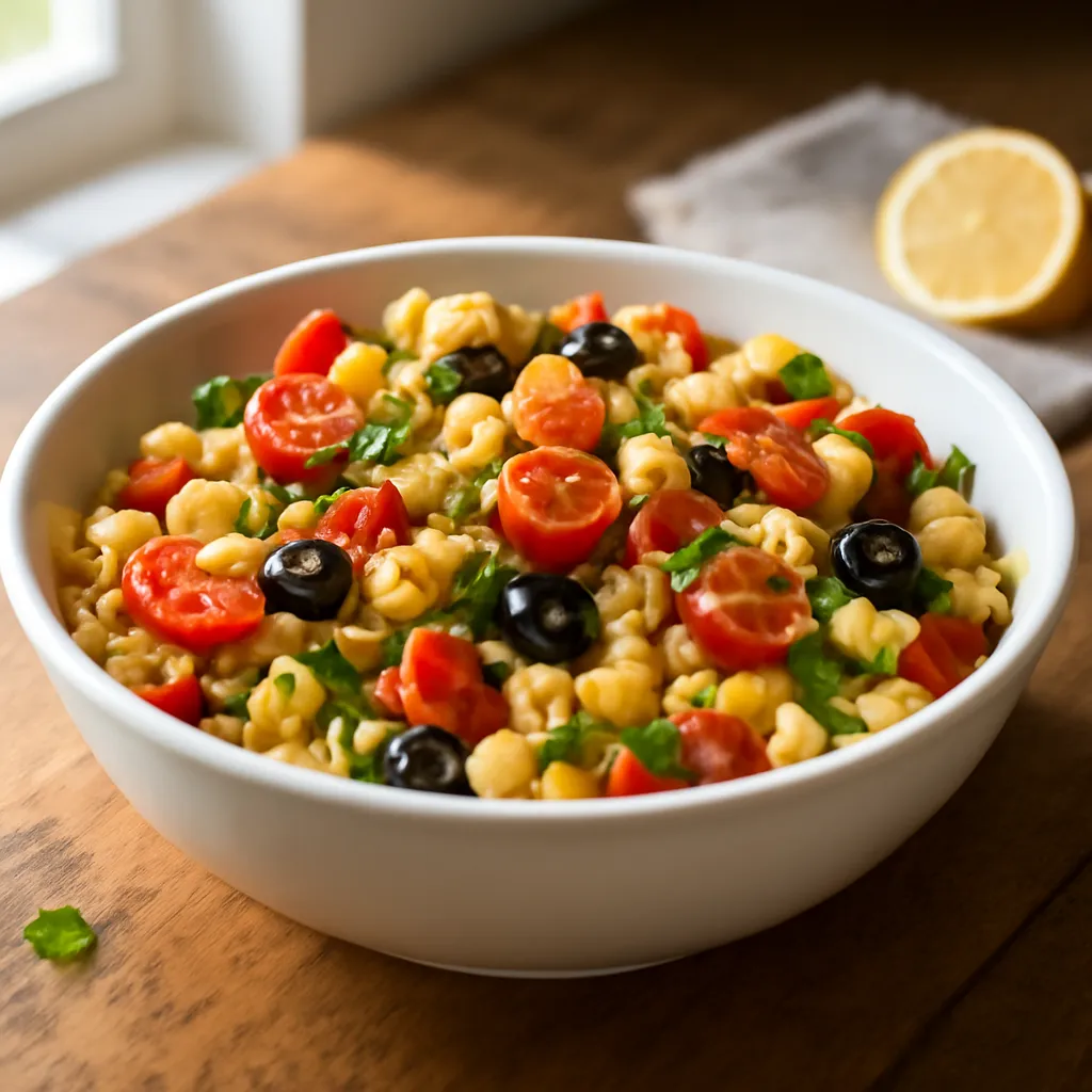 Bowl of colourful pasta salad with cherry tomatoes, cucumber, pepper, sweetcorn, olives and fresh basil.