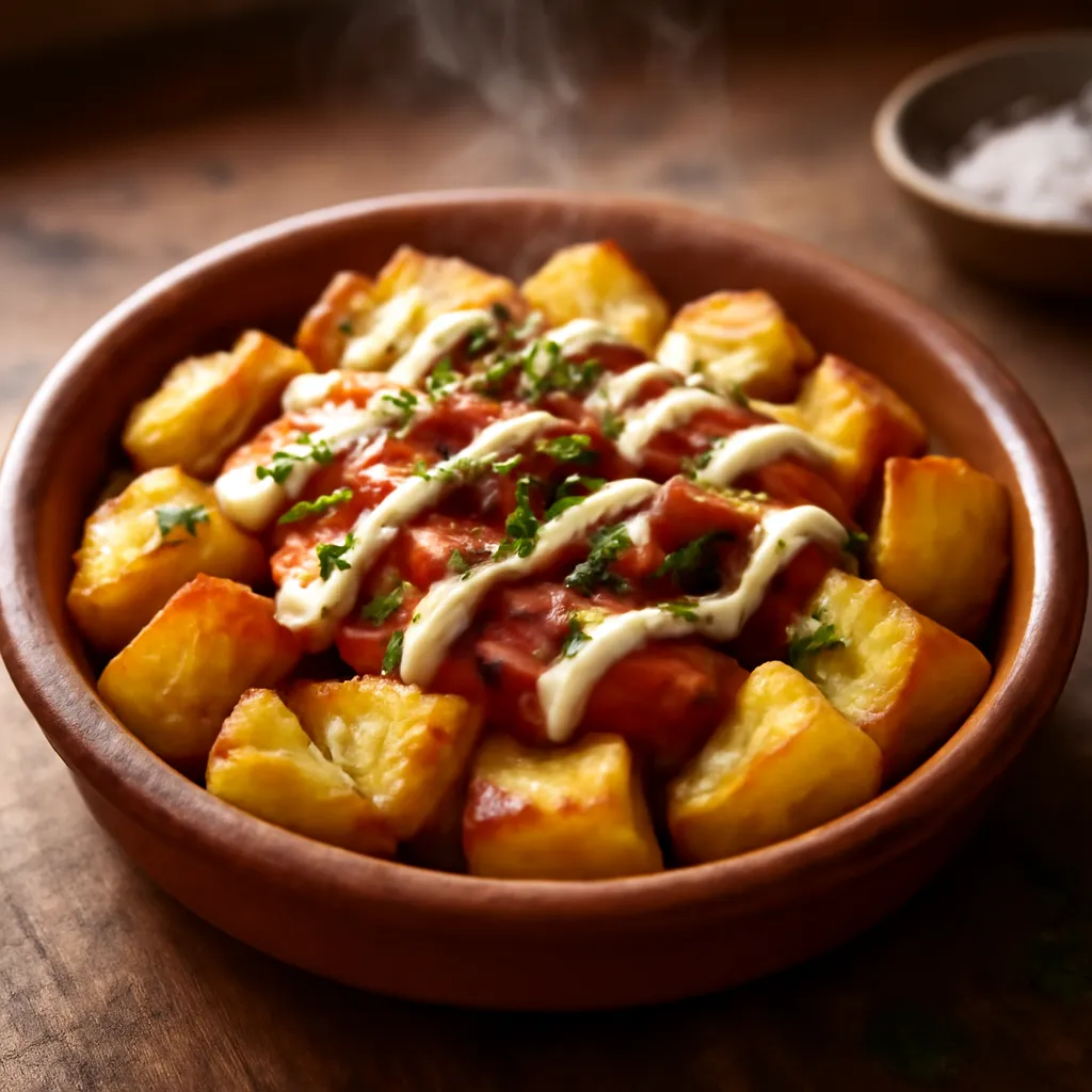 Crisp golden patatas bravas topped with smoky red bravas sauce, garlic aioli drizzle and chopped parsley on a terracotta plate.