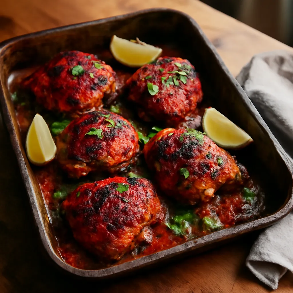 Charred sticky peri peri chicken thighs in a roasting tin with lemon wedges and fresh coriander