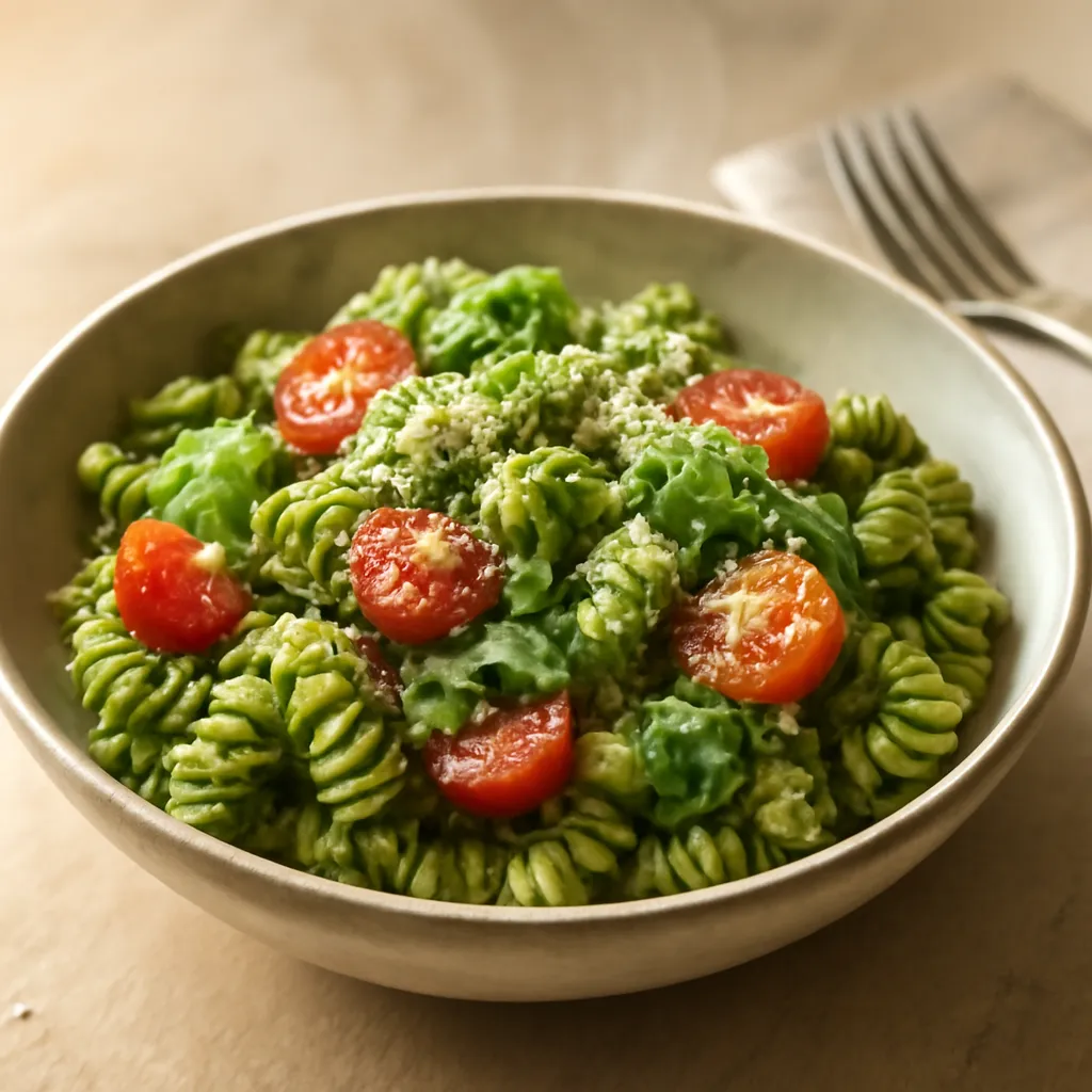 Bowl of green pesto fusilli pasta with cherry tomatoes, fresh basil and grated parmesan in natural light