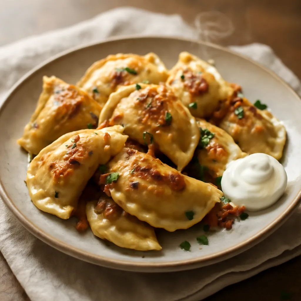 Golden pan-fried potato and cheese pierogi topped with fried onions, chives and a spoon of soured cream