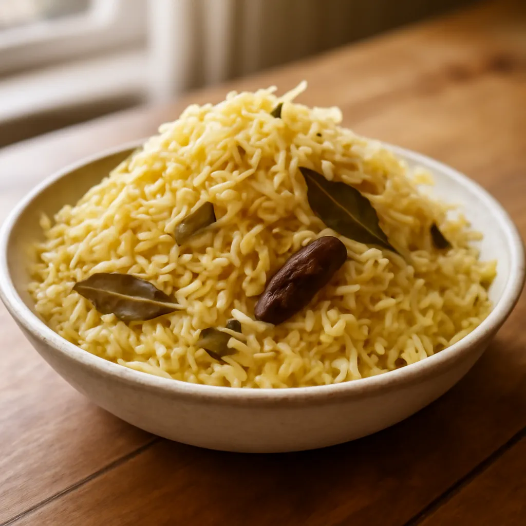 Bowl of fluffy golden pilau rice with whole cardamom, cinnamon stick and bay leaves scattered through the grains.