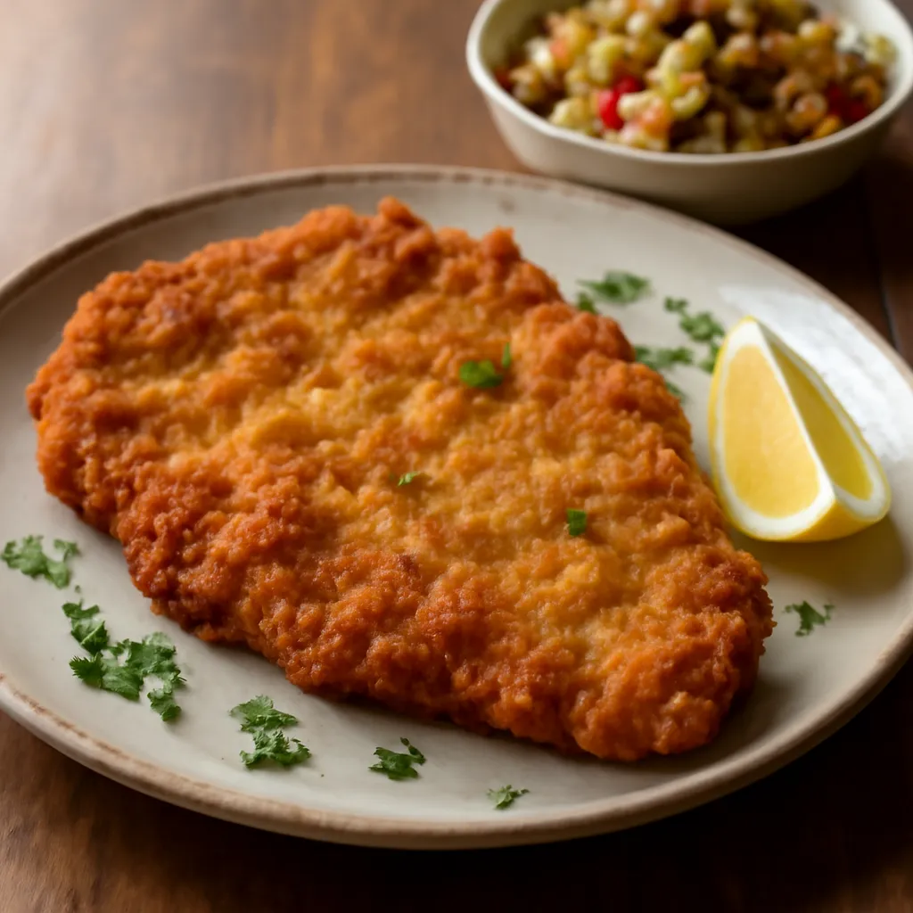 Golden crisp German pork schnitzel with a wrinkled crumb crust and a lemon wedge on a rustic plate