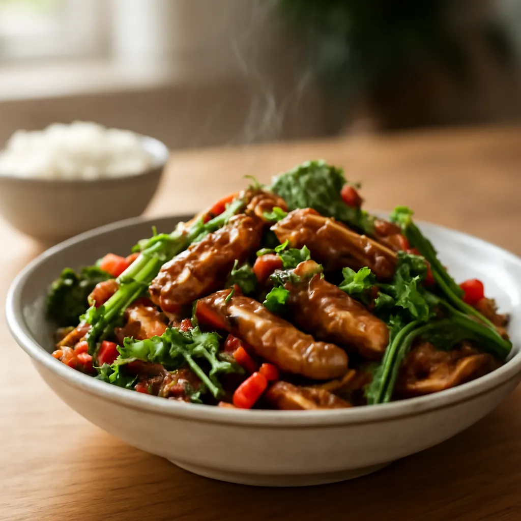Bowl of pork stir fry with red pepper, broccoli and carrot in a glossy soy sauce, topped with spring onion and sesame seeds.