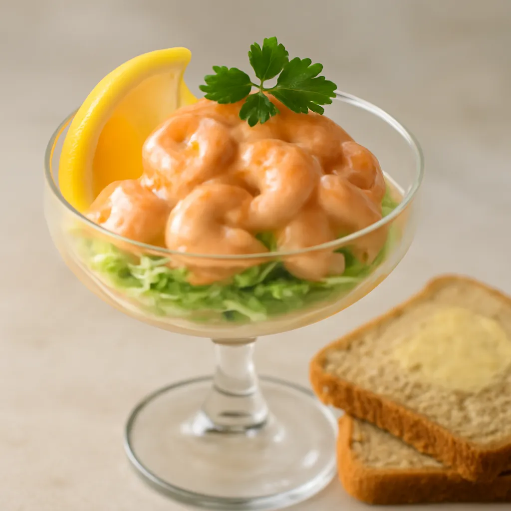 Prawn cocktail in a glass with Marie Rose sauce, shredded lettuce, paprika dusting and a lemon wedge