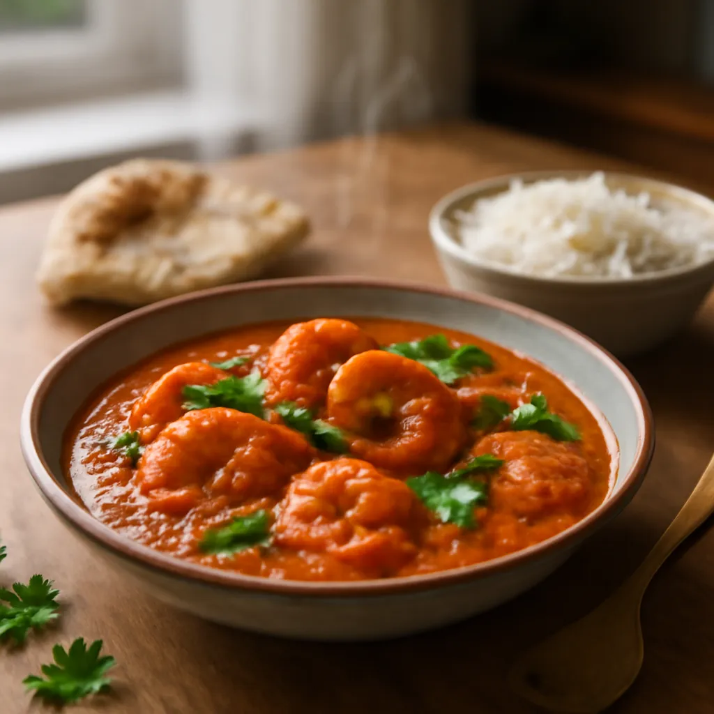 Prawn curry with plump prawns in a creamy tomato sauce topped with coriander, served with rice and naan.