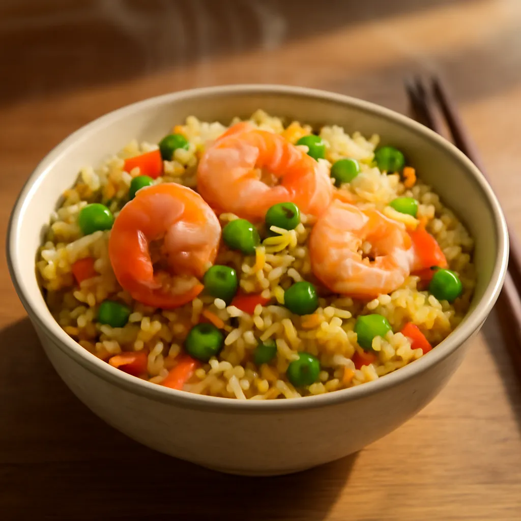 Bowl of prawn fried rice with pink prawns, peas, carrot, egg and spring onion, chopsticks alongside