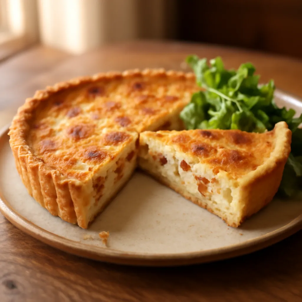 Golden quiche Lorraine with a slice lifted, showing soft bacon-flecked custard and a crisp pastry base, salad alongside