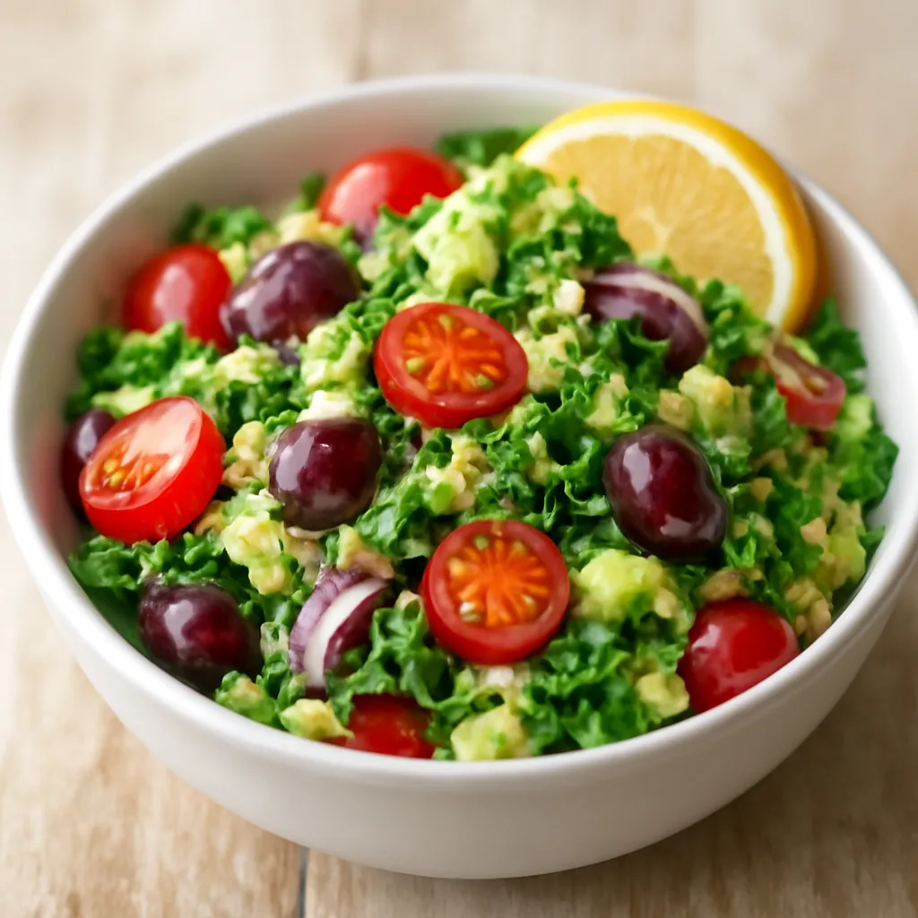 Bowl of zesty Mediterranean quinoa salad with tomatoes, cucumber, olives, red onion and fresh herbs.