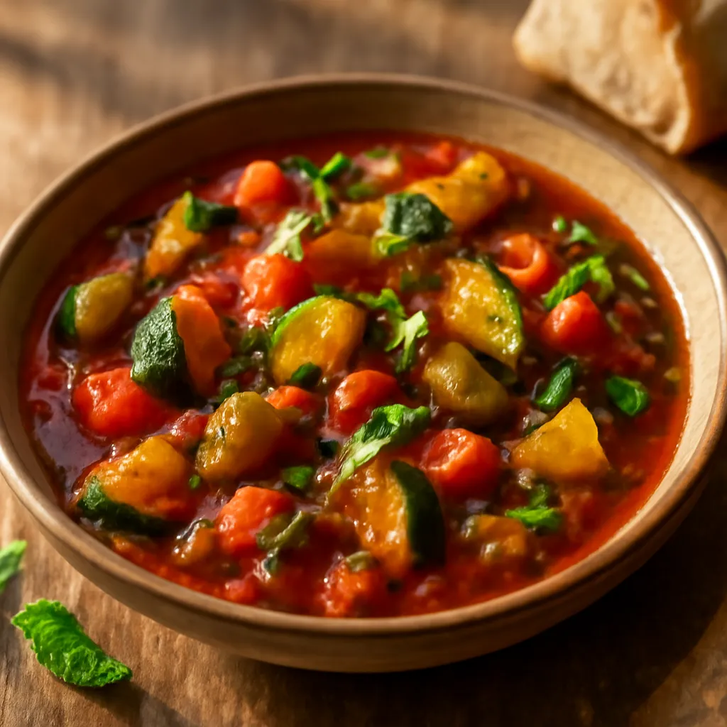 Bowl of colourful French ratatouille with aubergine, courgette and peppers in tomato sauce, topped with basil