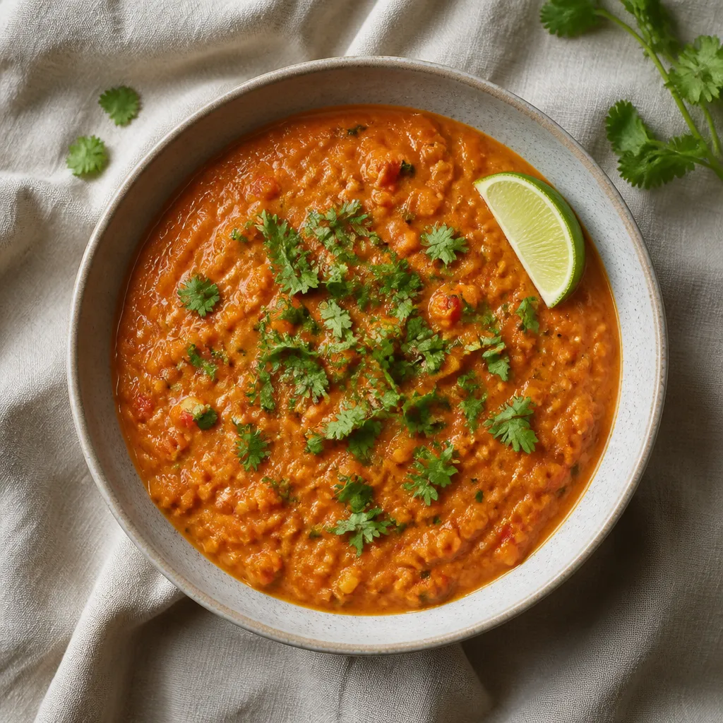 Bowl of red lentil dahl topped with coriander and a wedge of lime