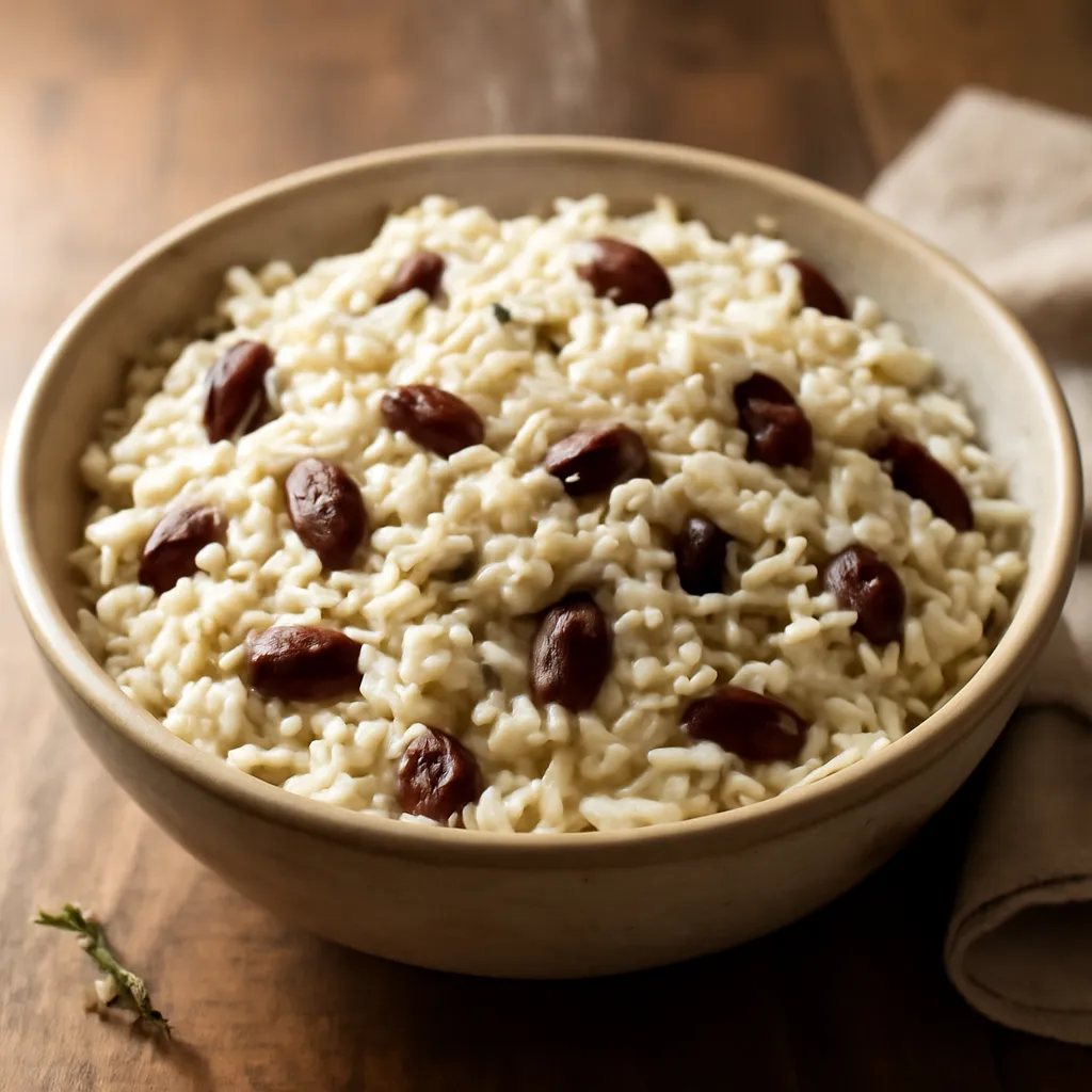 Bowl of Jamaican rice and peas, fluffy coconut rice studded with red kidney beans and fresh thyme