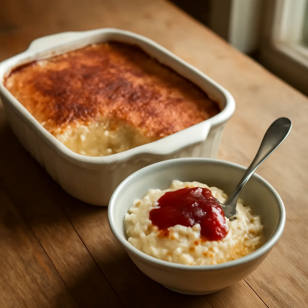 Baked rice pudding with a golden nutmeg-dusted skin in a white dish, a portion served in a bowl with a swirl of jam.