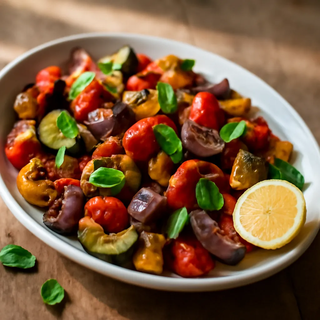 Platter of roasted courgette, aubergine, peppers, red onion and cherry tomatoes with fresh basil