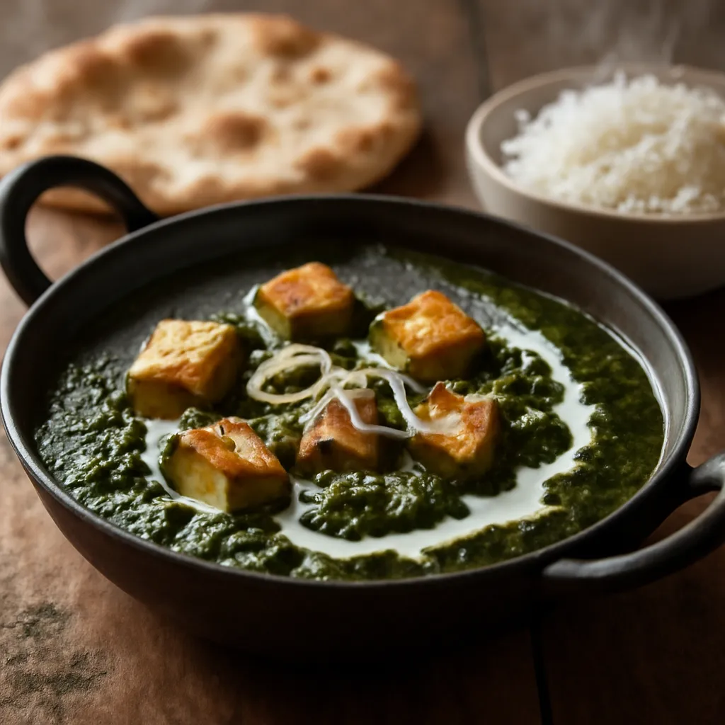 Golden paneer cubes in a glossy green spiced spinach sauce, served in a karahi with naan and rice