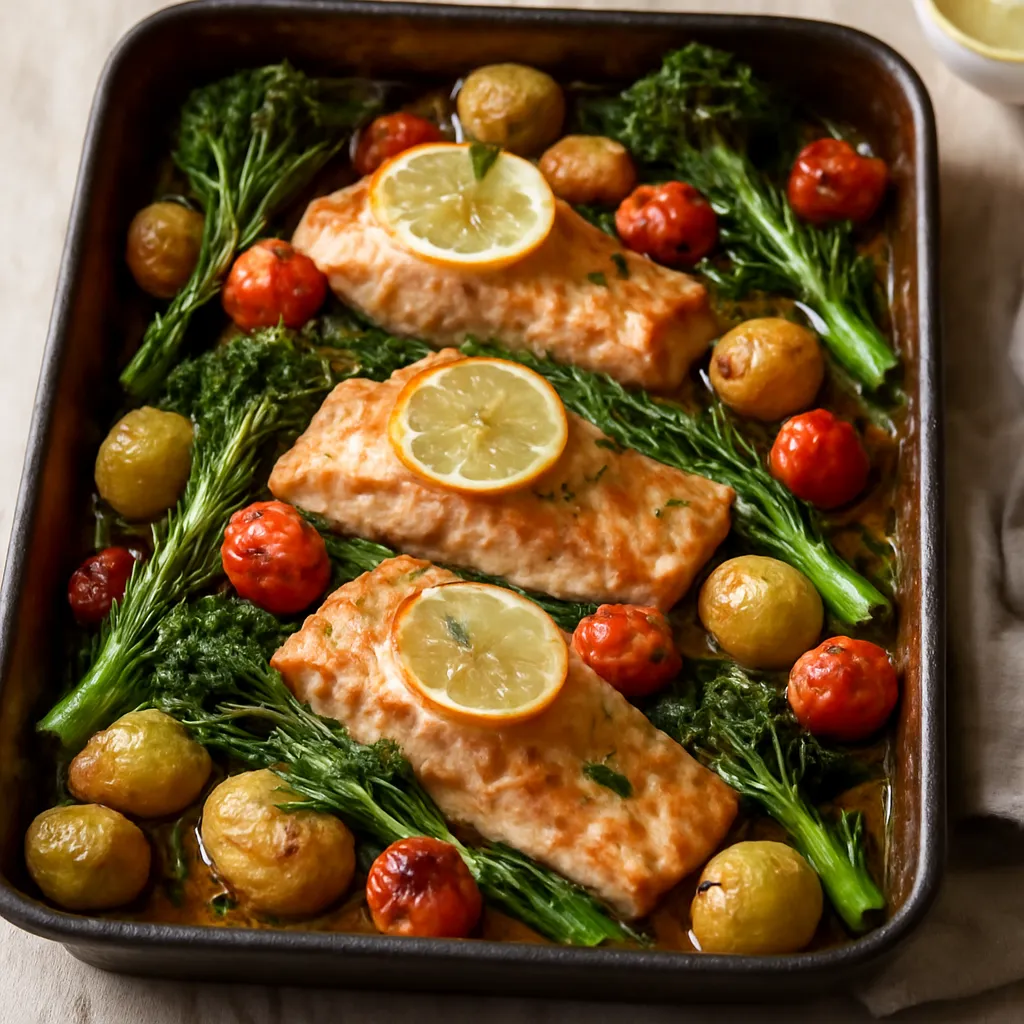 Salmon fillets with lemon slices, charred broccoli, cherry tomatoes and crisp new potatoes in a roasting tin