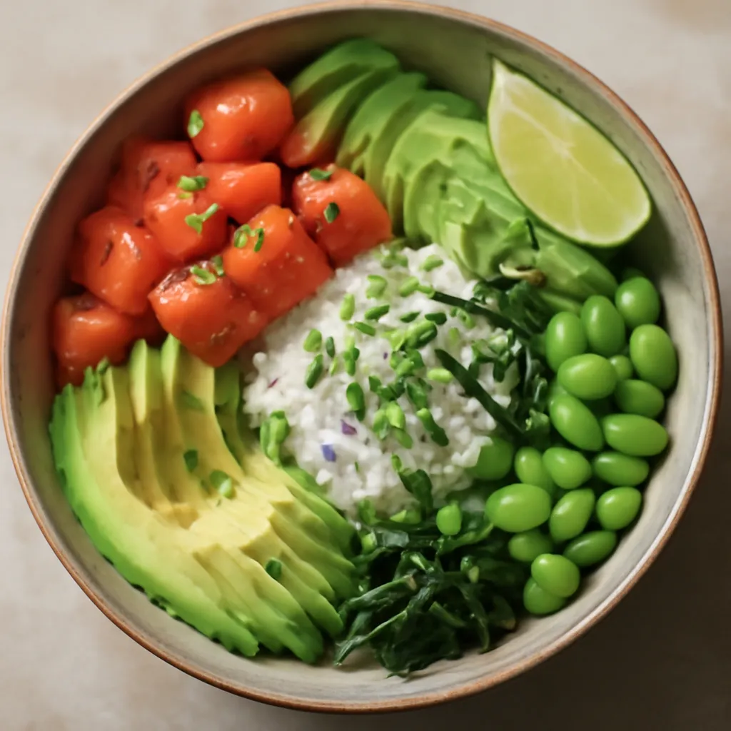 Salmon poke bowl with sushi rice, avocado, cucumber, edamame and sesame seeds in a ceramic bowl