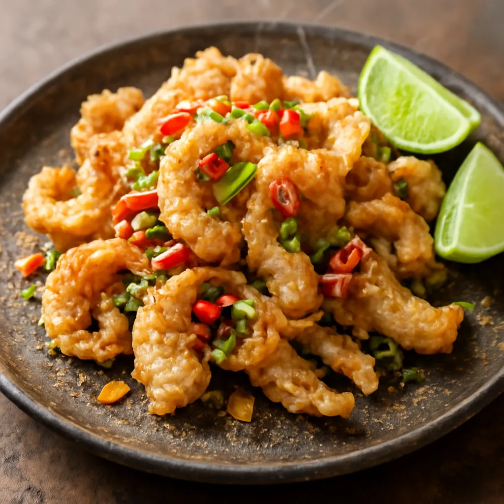 Golden crispy salt and pepper squid piled on a dark plate with red chilli, spring onion and lime wedges.