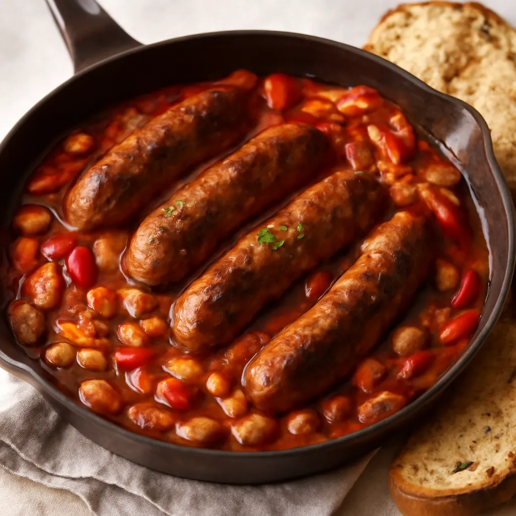 Sausage and bean casserole in a rich tomato sauce in a pan with crusty bread