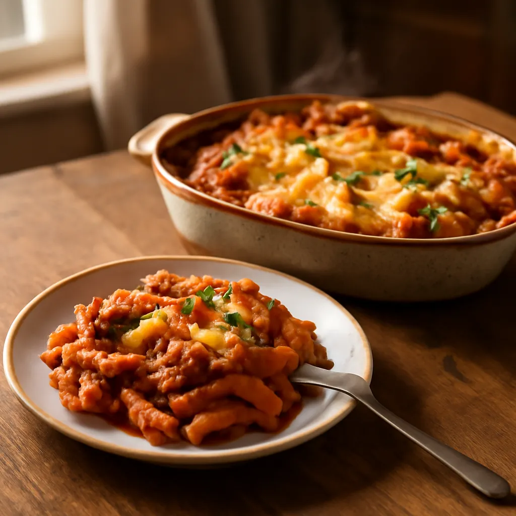 Golden cheese-topped sausage pasta bake in a ceramic dish, scattered with basil, a portion served on a white plate.